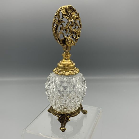 Vtg Ornate Matson Footed Perfume Bottle Dogwood Diamond Point Cut Glass Ormolu - Picture 1 of 17